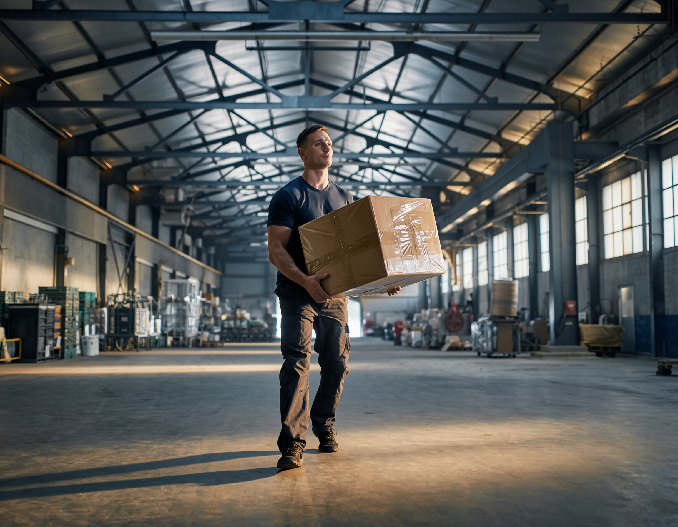 port de charges lourdes un homme en train de porter un colis dans un entrepot industriel port de charges lourdes un homme en train de porter un colis dans un entrepot industriel