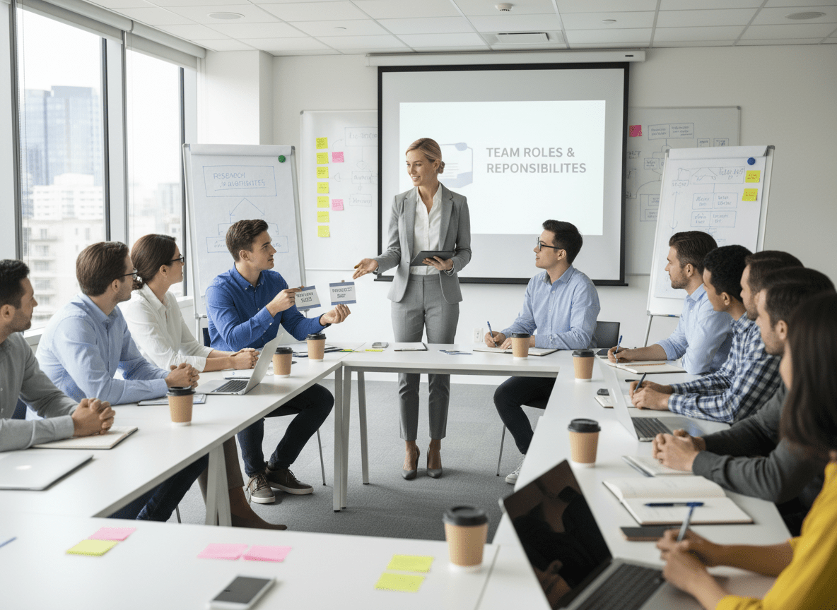 personne en train de former un groupe de personne dans une salle de formation DUERP SST86