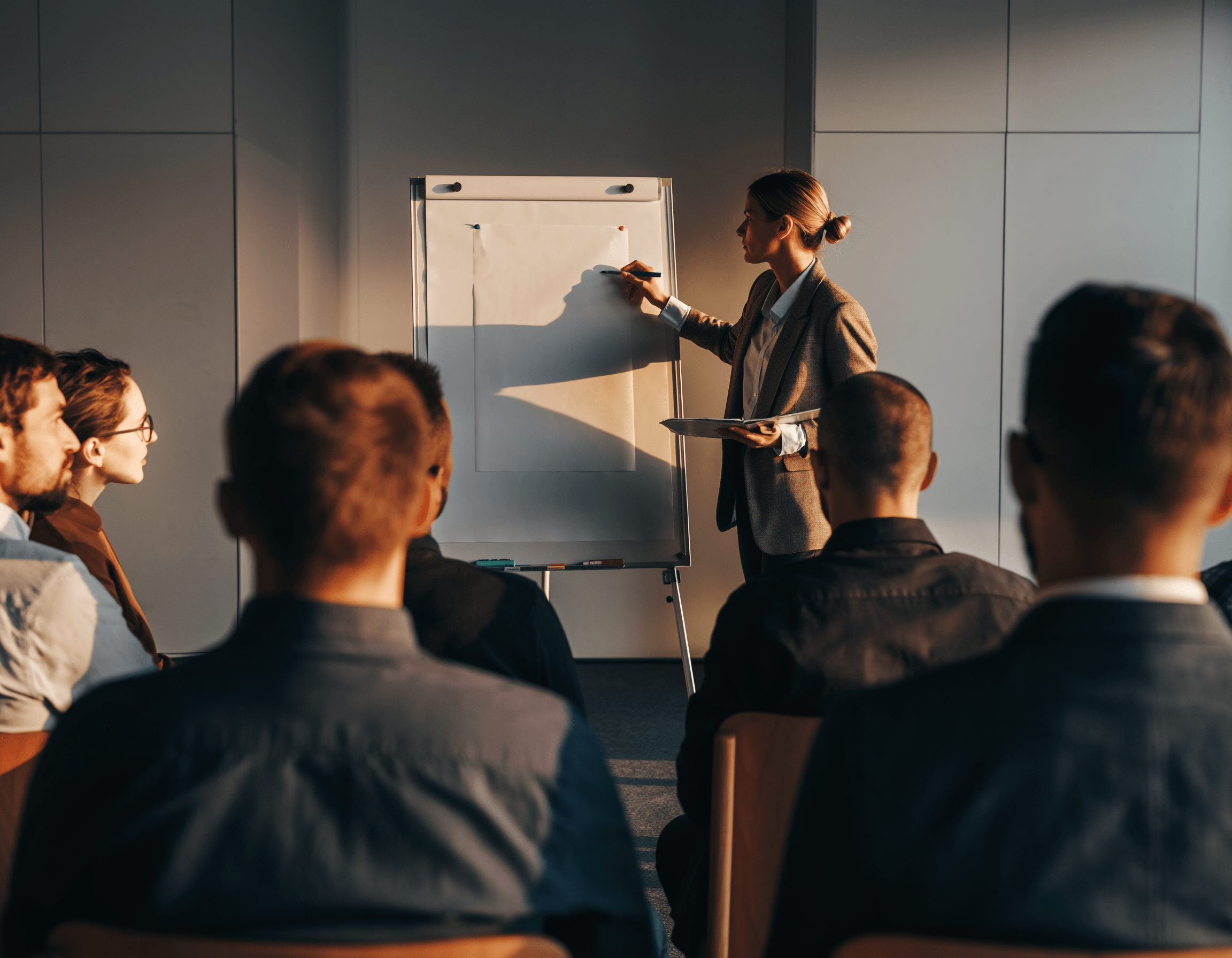 personne en train de former un groupe de personne dans une salle de formation DUERP