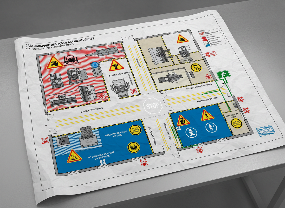 Cartographie des zones accidentogènes en entreprise, SST. Signalisation et marquage au sol