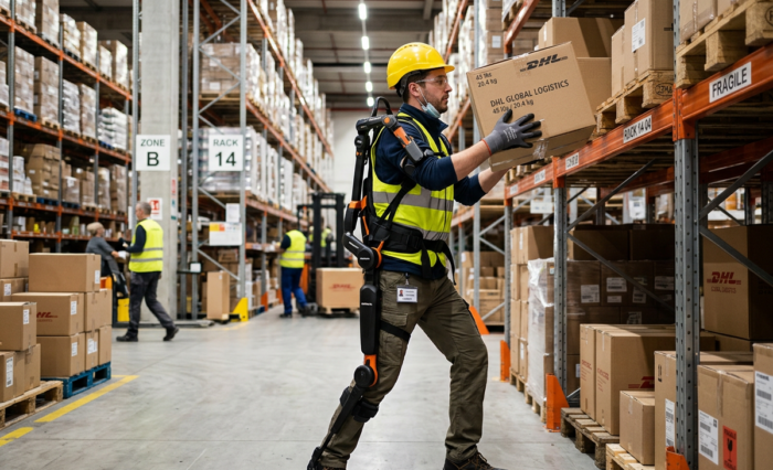 opérateur qui porte un ergo squelette dans un dépôt logistique sst 86