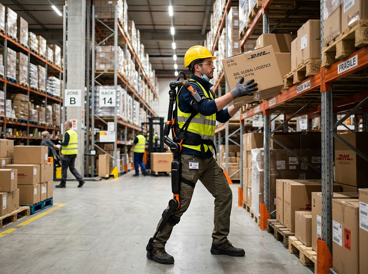 opérateur qui porte un ergo squelette dans un dépôt logistique sst 86