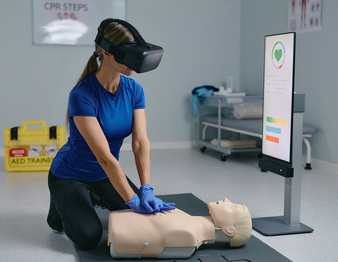personne avec un casque de VR qui se forme aux gestes de premiers secours sst86