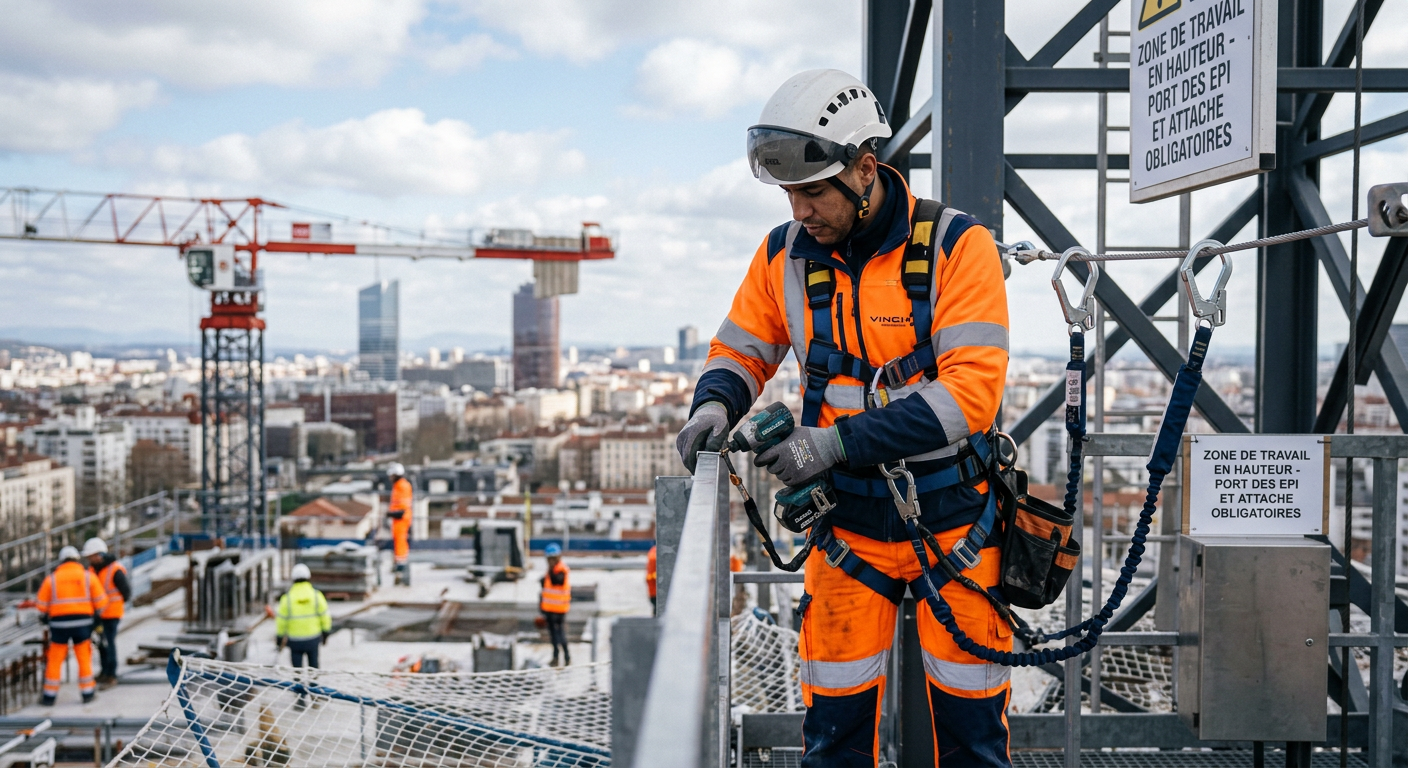 opérateur qui travaille en hauteur avec toutes règles de sécurité en France en 2026