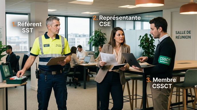CSE, CSSCT, Référent SST - 3 personnes avec des rôles et vêtement différents CSE, CSSCT, Référent SST - 3 personnes avec des rôles et vêtement différents